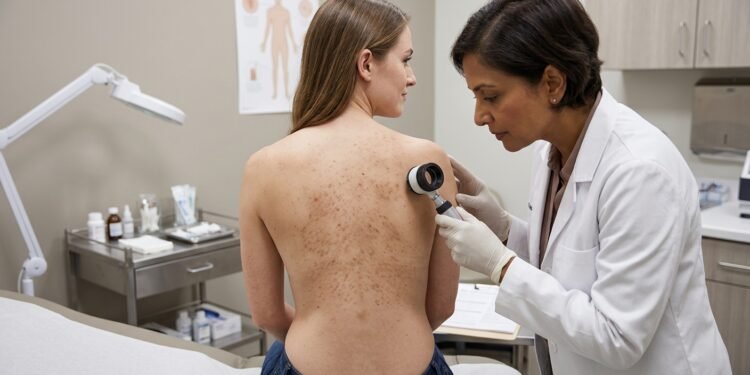 Bumpy Brown Patches on a Woman’s Torso Wiped Away with Alcohol, Revealing a New Form of a Dirt-Like Skin Condition