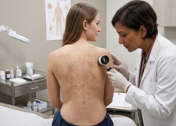 Bumpy Brown Patches on a Woman’s Torso Wiped Away with Alcohol, Revealing a New Form of a Dirt-Like Skin Condition Bumpy Brown Patches on a Woman’s Torso Wiped Away with Alcohol, Revealing a New Form of a Dirt-Like Skin Condition